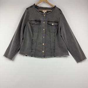 LOGO by Lori Goldstein Women’s Plus 20W Gray Frayed Hem Denim Jacket